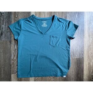 LL Bean Pocket Tee Womens Medium Teal Blue V-Neck Short Sleeve Recycled‎ Blend
